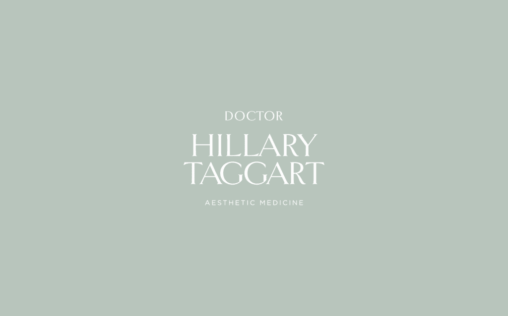 Elegant wordmark for Doctor Hillary Taggart with the tagline “Aesthetic Medicine” on a soft sage green background, showcasing the primary brand palette.