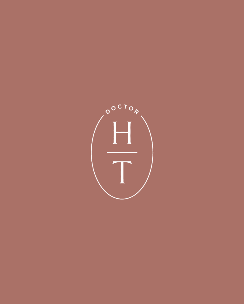 HT monogram logo with “Doctor” in a refined serif font on a warm terracotta background, part of Dr. Hillary Taggart’s brand identity.