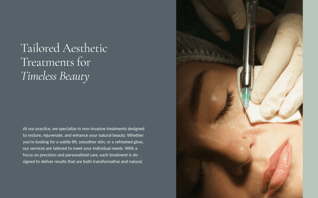Non-invasive aesthetic treatment in progress alongside brand messaging about tailored aesthetic services for timeless beauty.
