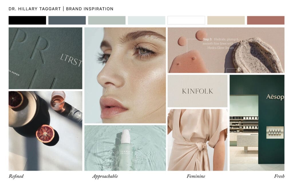 Brand inspiration board for Dr. Hillary Taggart featuring textures, type, product styling, and tones of sage, blush, and cream—emphasizing a refined, feminine, and approachable aesthetic.