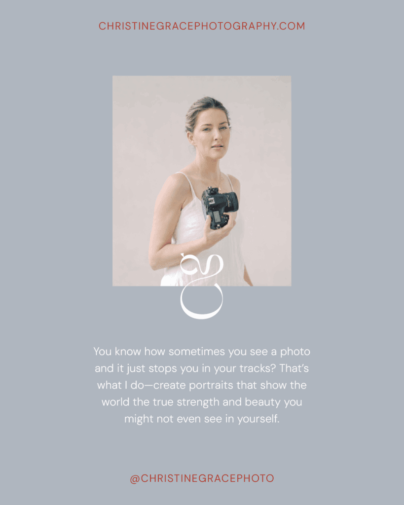 Branding promo card featuring Christine Grace holding her camera, with text describing her artistic portrait approach.