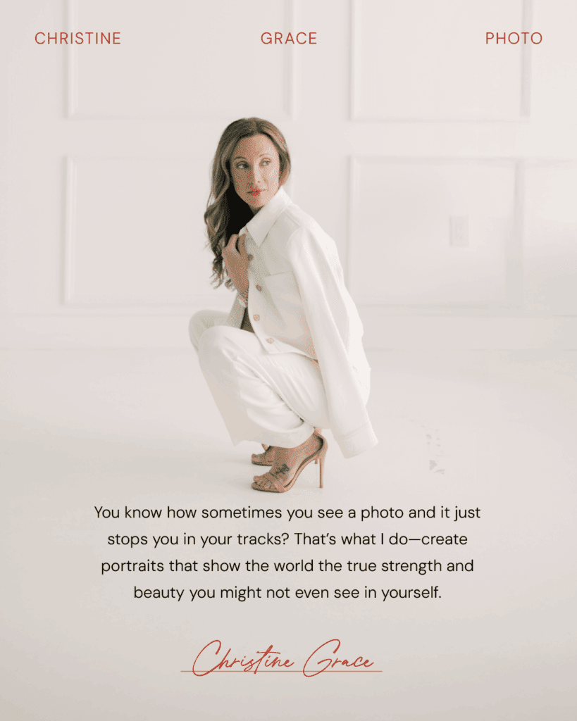 Branding card of branding photography client kneeling in an all-white outfit, with Christine Grace signature logo and elegant red serif header.