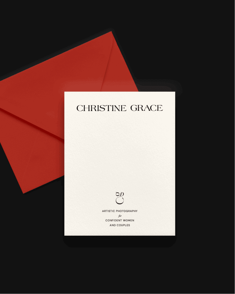 Red envelope and branded notecard featuring the Christine Grace serif logo and artistic monogram.