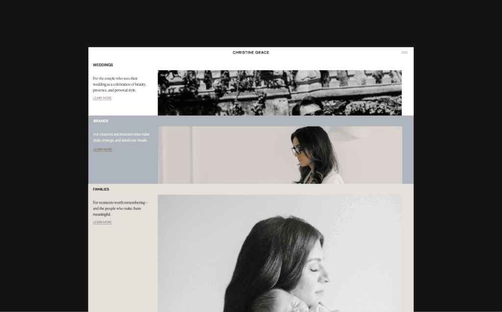 Website mockup of Christine Grace’s services page featuring wedding, brand, and family photo categories with black-and-white portraits.
