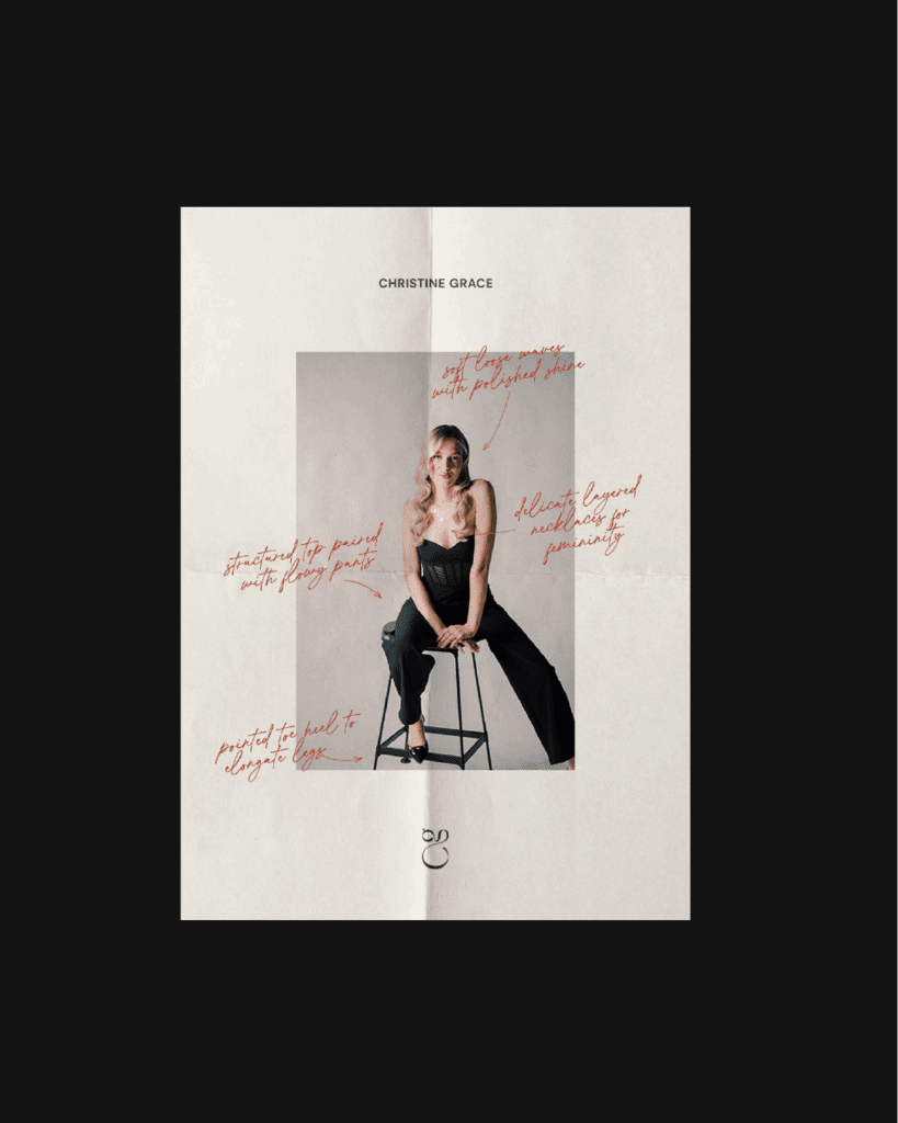 Christine Grace brand print piece featuring a portrait of a woman in a black outfit with handwritten-style red annotations of her fashion styling.