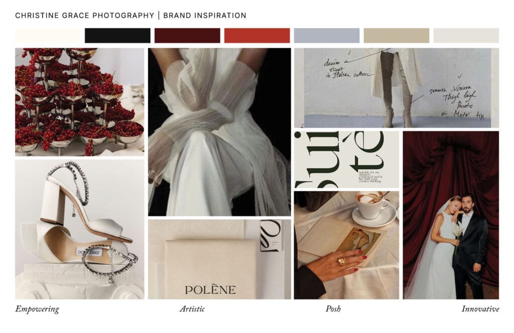Moodboard for Christine Grace Photography featuring deep red currants in coupe glasses, sculptural sheer sleeves over a white dress, a fashion sketch with handwritten notes, white bridal heels with crystal straps, minimalist Polène packaging, editorial typography, coffee and vintage art, and a modern wedding couple posed against red velvet drapes. Keywords and themes: empowering, artistic, posh, and innovative.
