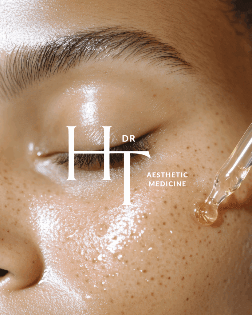 A glowing model’s skin with a dropper applying serum and Dr. Hillary Taggart’s minimalist HT brand logo overlayed.