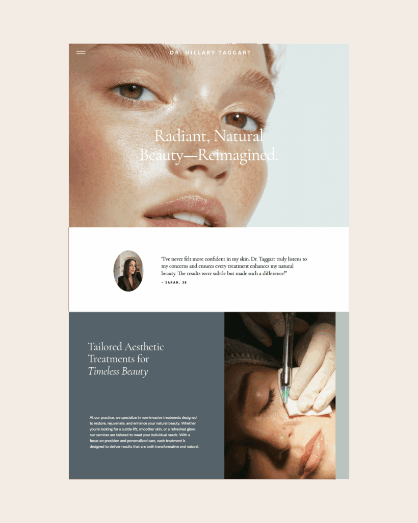 Website mockup for Dr. Hillary Taggart featuring a close-up of radiant skin and client testimonial highlighting natural, confidence-boosting results.