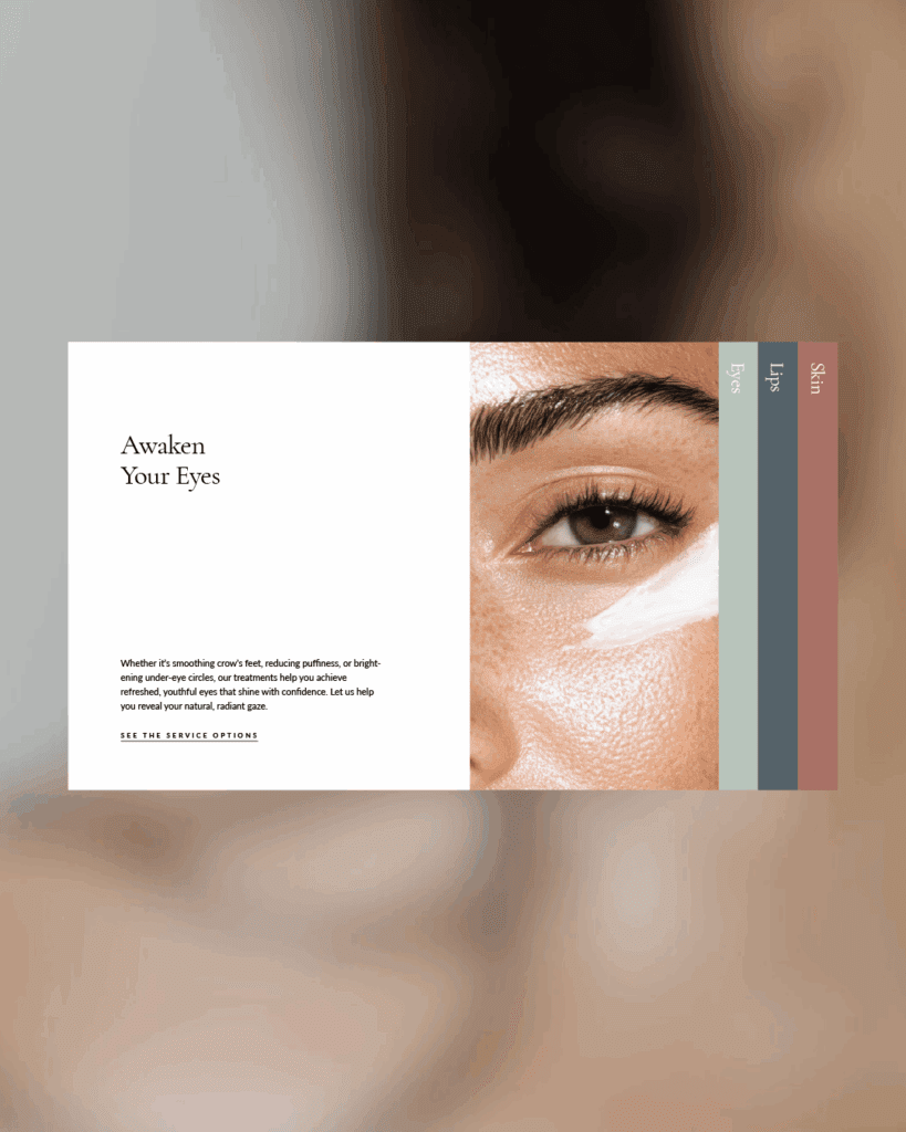 Website interface showing skincare service options for eyes, lips, and skin with minimal, modern design in brand colors.