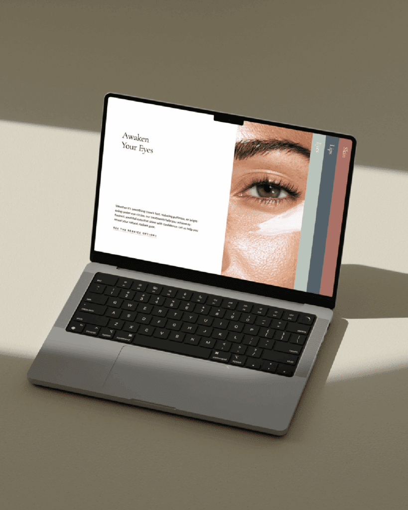 Website section featuring an eye cream treatment and tab navigation for services like eyes, lips, and skin—designed in brand colors.