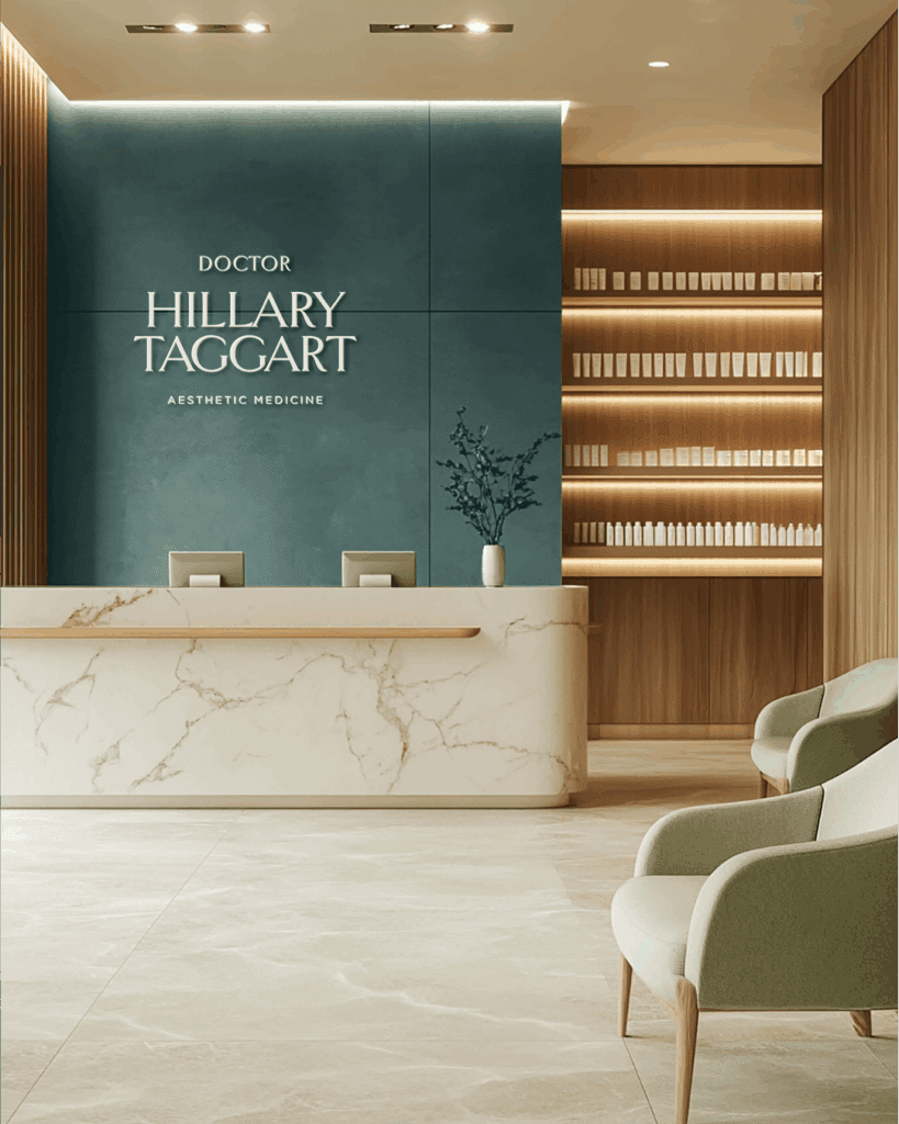 Concept rendering of a future med spa space branded for Dr. Hillary Taggart, featuring soft green walls, marble desk, and warm wood accents.