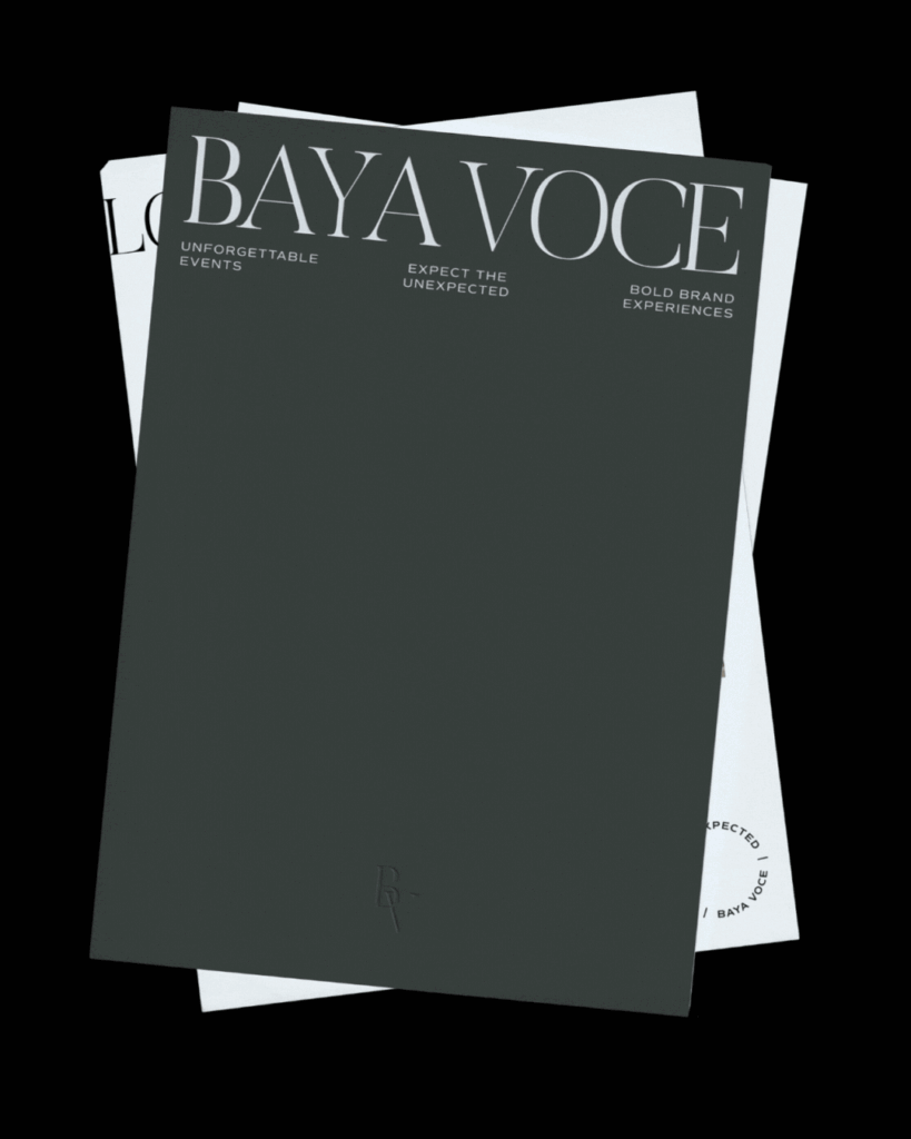 Baya Voce printed collateral featuring a dark green cover page, timeline, moodboard, budget, and spacial concepts with elegant serif typography, representing the brand’s bold yet understated identity.