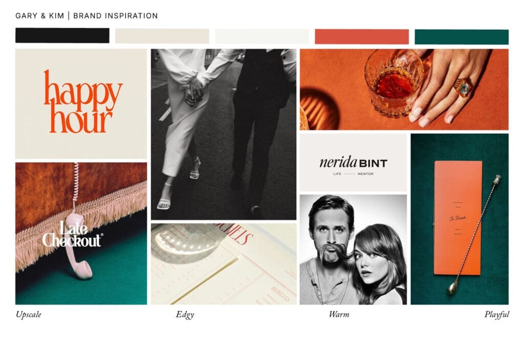Moodboard for Gary and Kim’s brand identity featuring cocktails, velvet textures, vintage phones, and playful typography to evoke a bold, upscale, and creative lounge vibe.