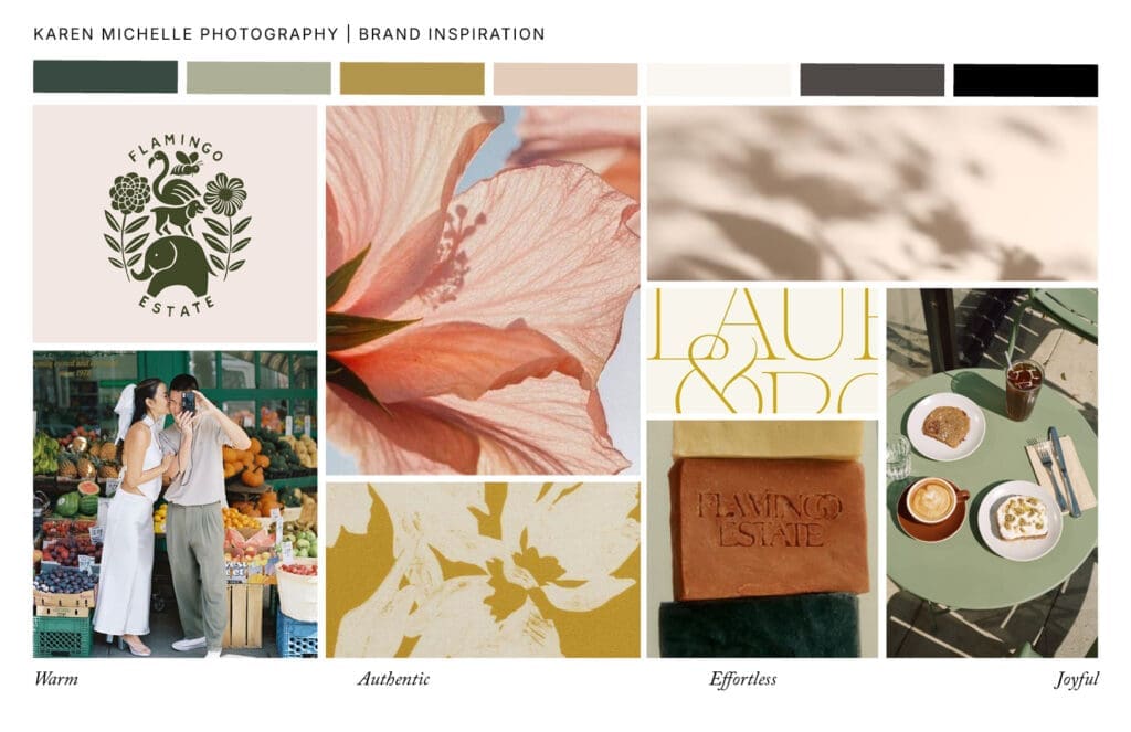 Visual inspiration for wedding photographer brand identity featuring organic elements, joyful scenes, and intentional color palette