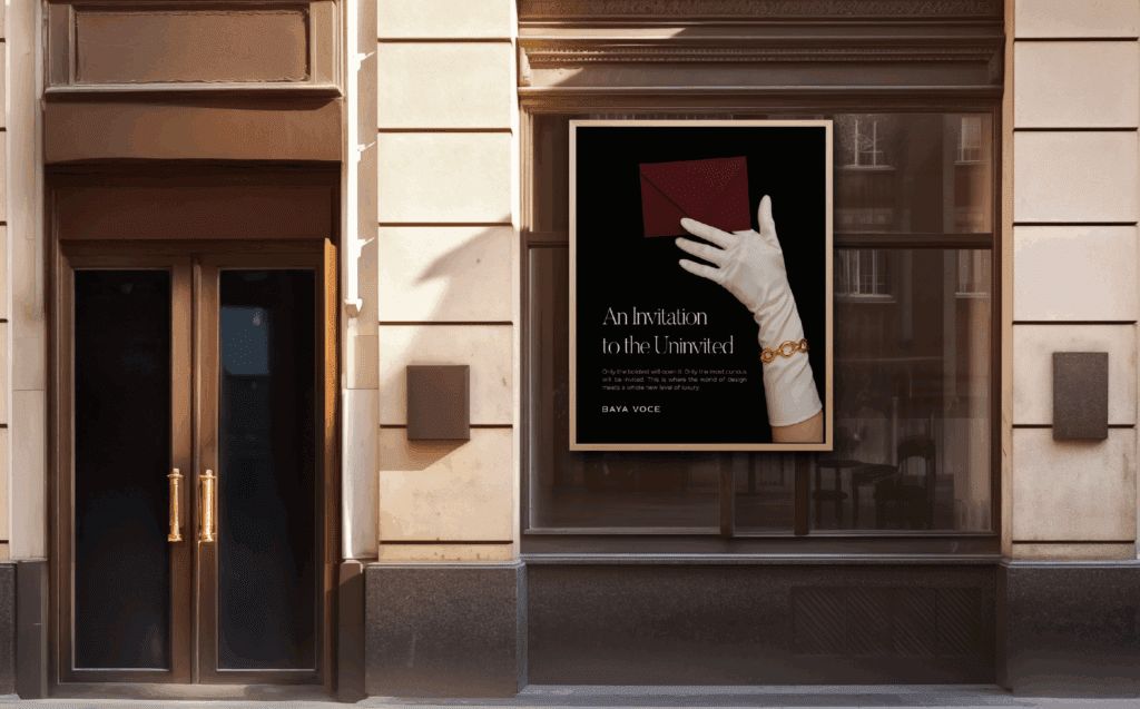 Street-facing advertisement of Baya Voce’s ‘An Invitation to the Uninvited’ concept, featuring a gloved hand and burgundy envelope—mysterious, luxe, and cinematic.
