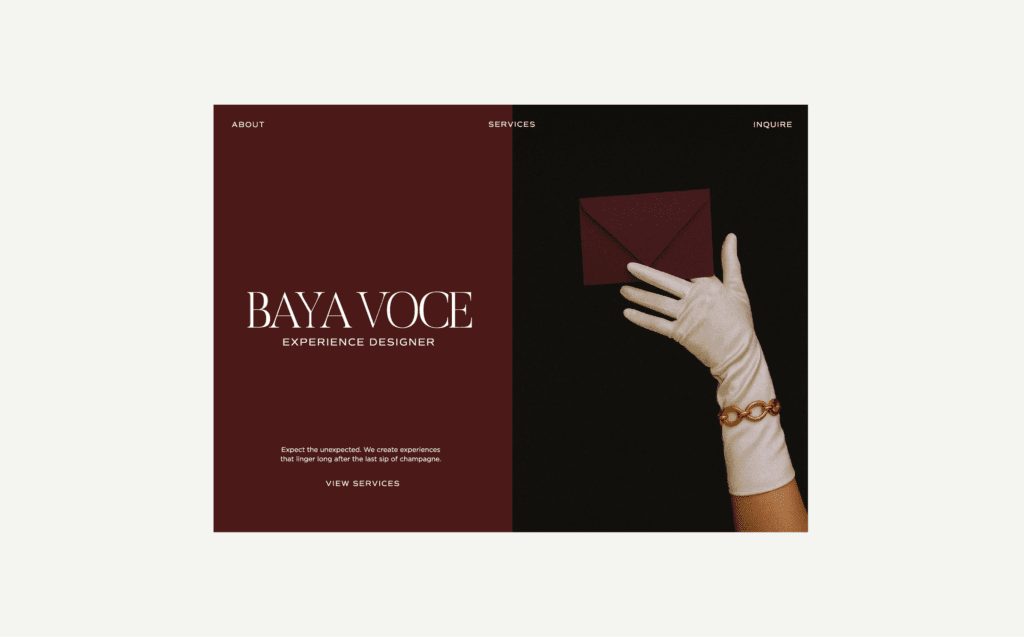 Baya Voce website homepage design with bold burgundy background and signature brand visuals, featuring a call to ‘Expect the Unexpected.’