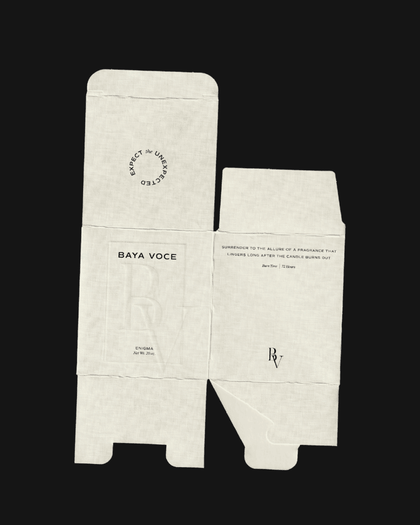 Unfolded packaging concept for Baya Voce’s Enigma candle, with embossed branding and alluring messaging about scent and memory.