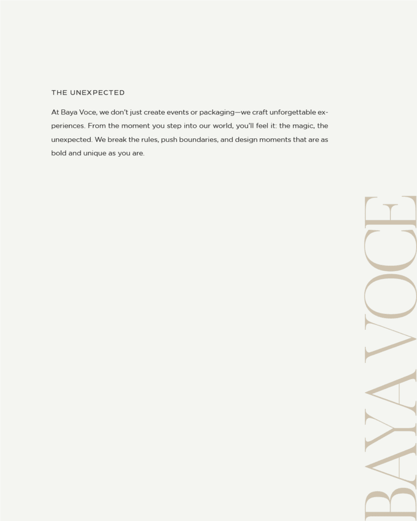 Brand messaging page for Baya Voce titled ‘The Unexpected,’ emphasizing her rule-breaking, immersive approach to design.