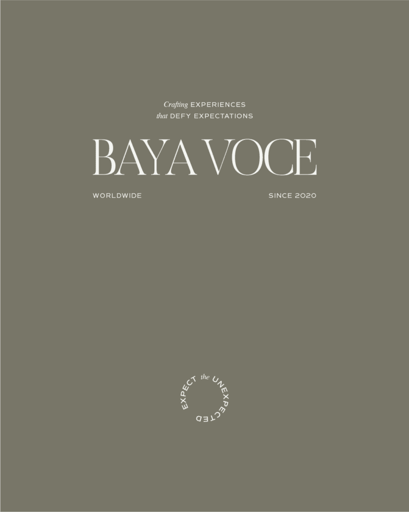 Baya Voce logo on an olive green background with the tagline ‘Crafting experiences that defy expectations,’ showcasing brand identity design.