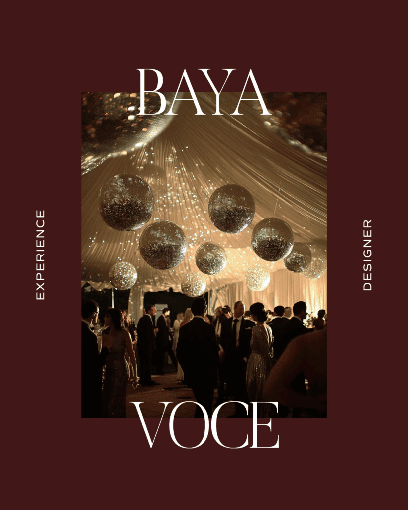 Editorial-style image of a luxury event with disco balls and formal-dressed guests, representing the immersive experiences designed by Baya Voce.