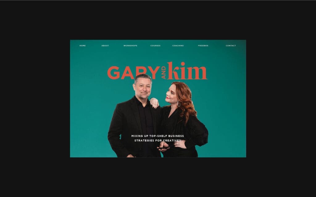 Screenshot of Gary and Kim’s brand homepage featuring bold logo, confident photography, and top-shelf strategy messaging.