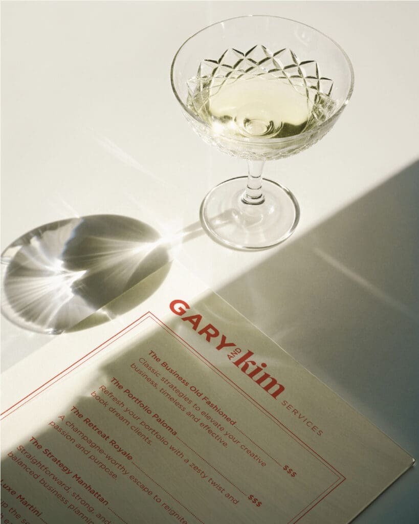 Cocktail-inspired services menu styled like a drink list, with cheeky brand offer names like The Portfolio Paloma and The Retreat Royale.