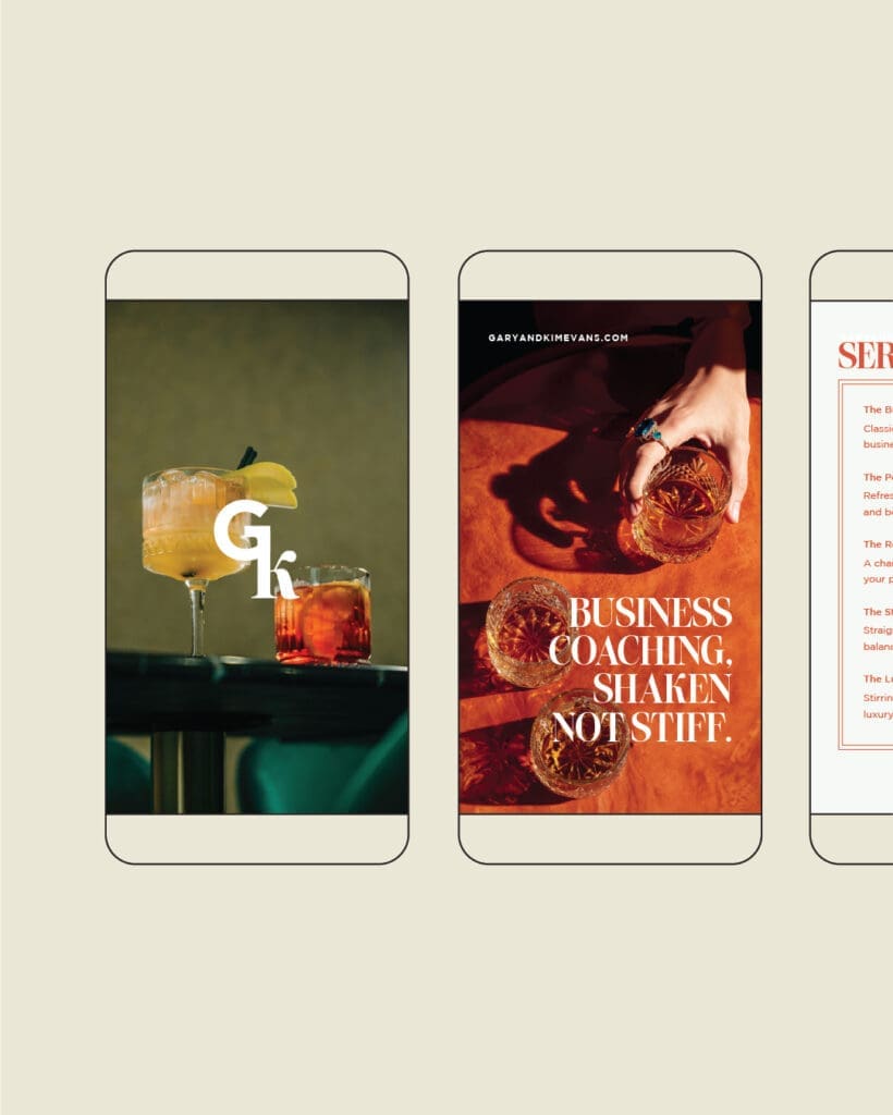 Mobile brand previews for Gary and Kim’s education business, highlighting the Gk monogram and tagline ‘Business Coaching, Shaken Not Stiff.’