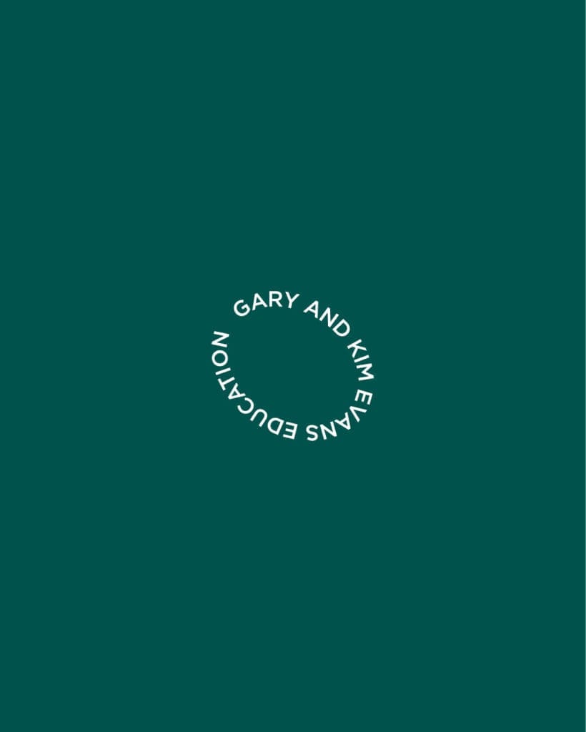 Circular education brand mark for Gary and Kim featuring clean typography in a minimal layout on emerald green.