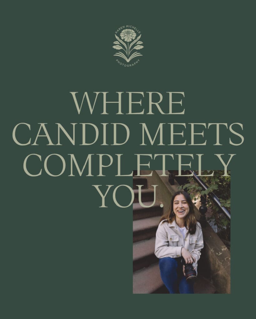 Karen Michelle Photography brand message: Where candid meets completely you—portrait of Karen holding camera on Philadelphia city steps.