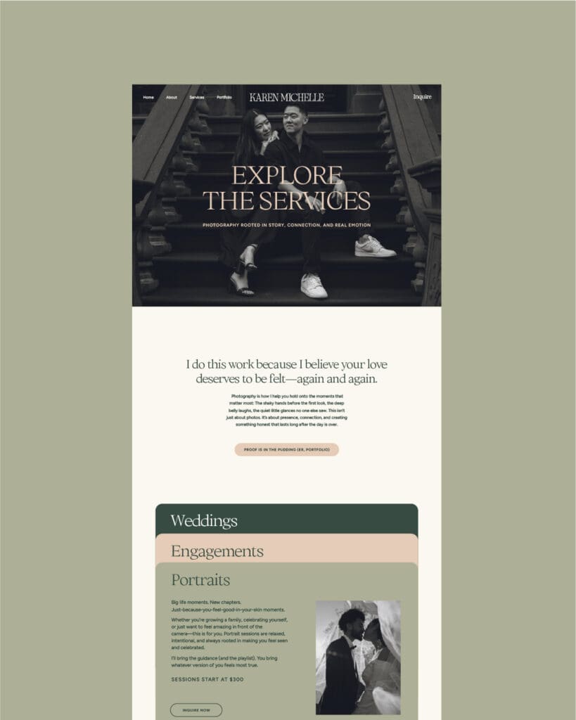 Custom website design for Karen Michelle Photography showcasing intuitive navigation, brand messaging, and service offerings.
