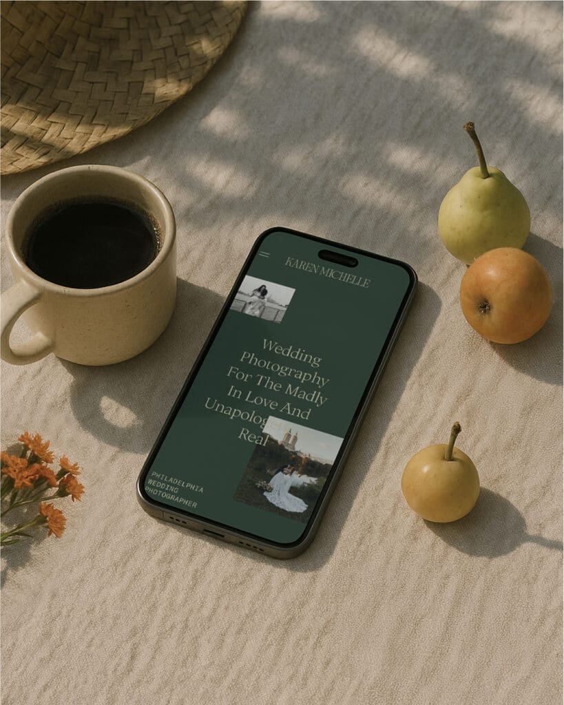 Karen Michelle wedding photographer brand identity shown on iPhone with natural styling and warm light