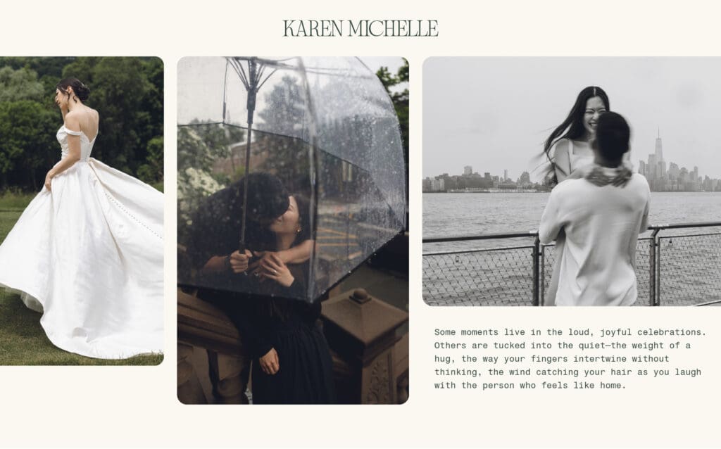 Emotive wedding photography collage by Karen Michelle highlighting candid, storytelling-driven brand identity
