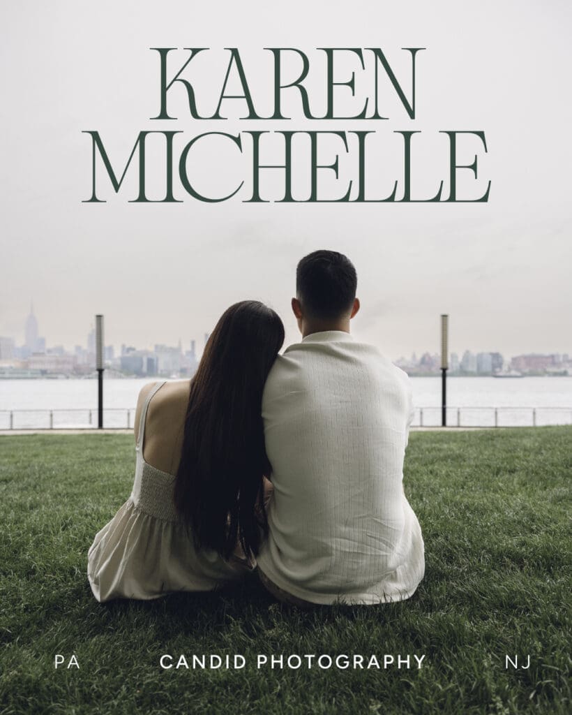 Karen Michelle Photography logo over image of couple sitting together with city skyline in background.