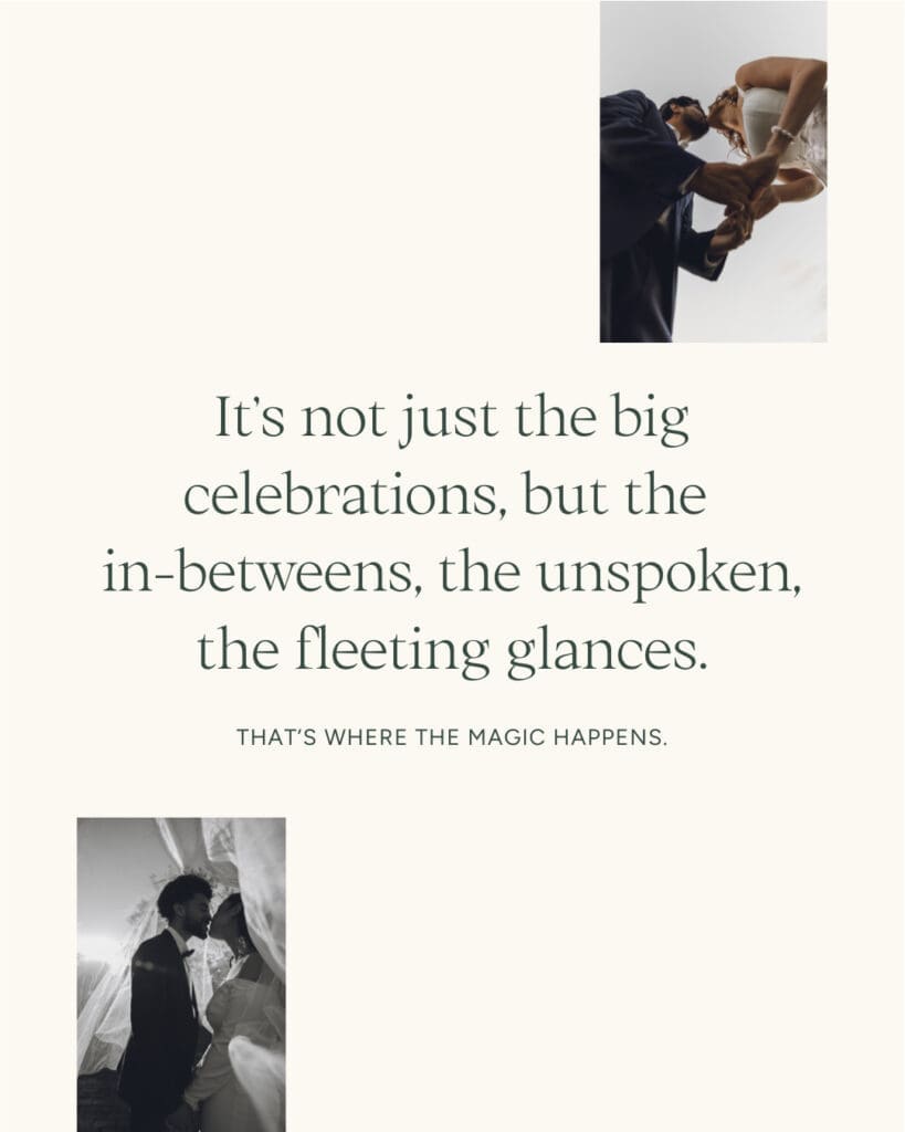 Wedding photography brand messaging graphic for Karen Michelle focused on the in-between moments and connection