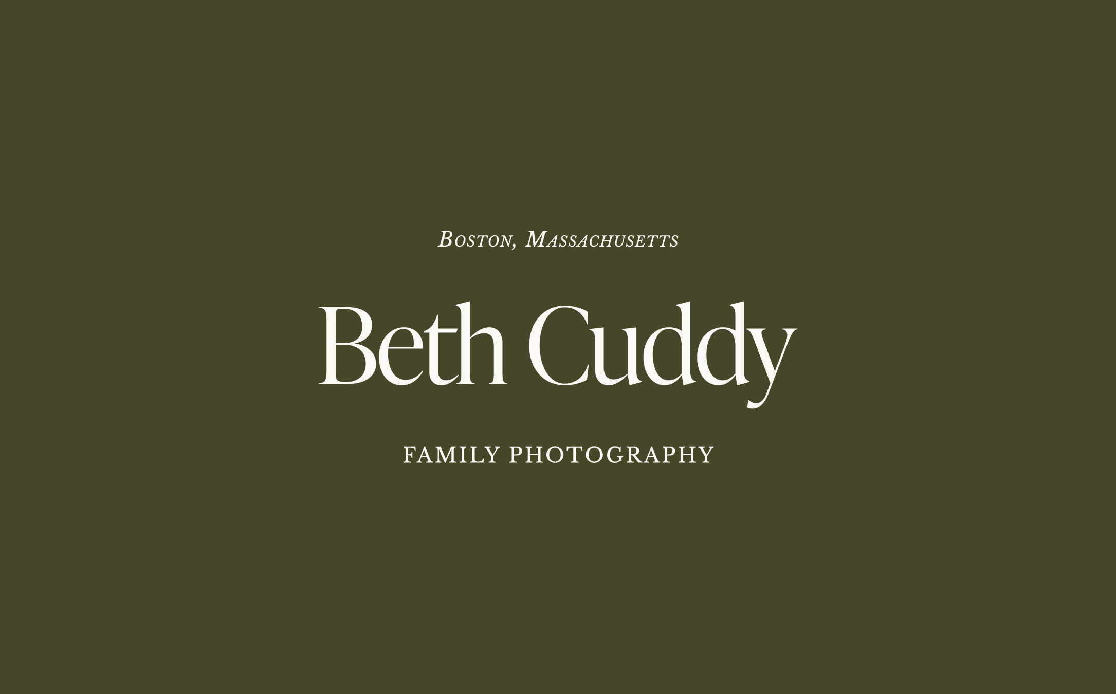 Horizontal logo layout for Beth Cuddy Family Photography featuring elegant serif text and muted green background.