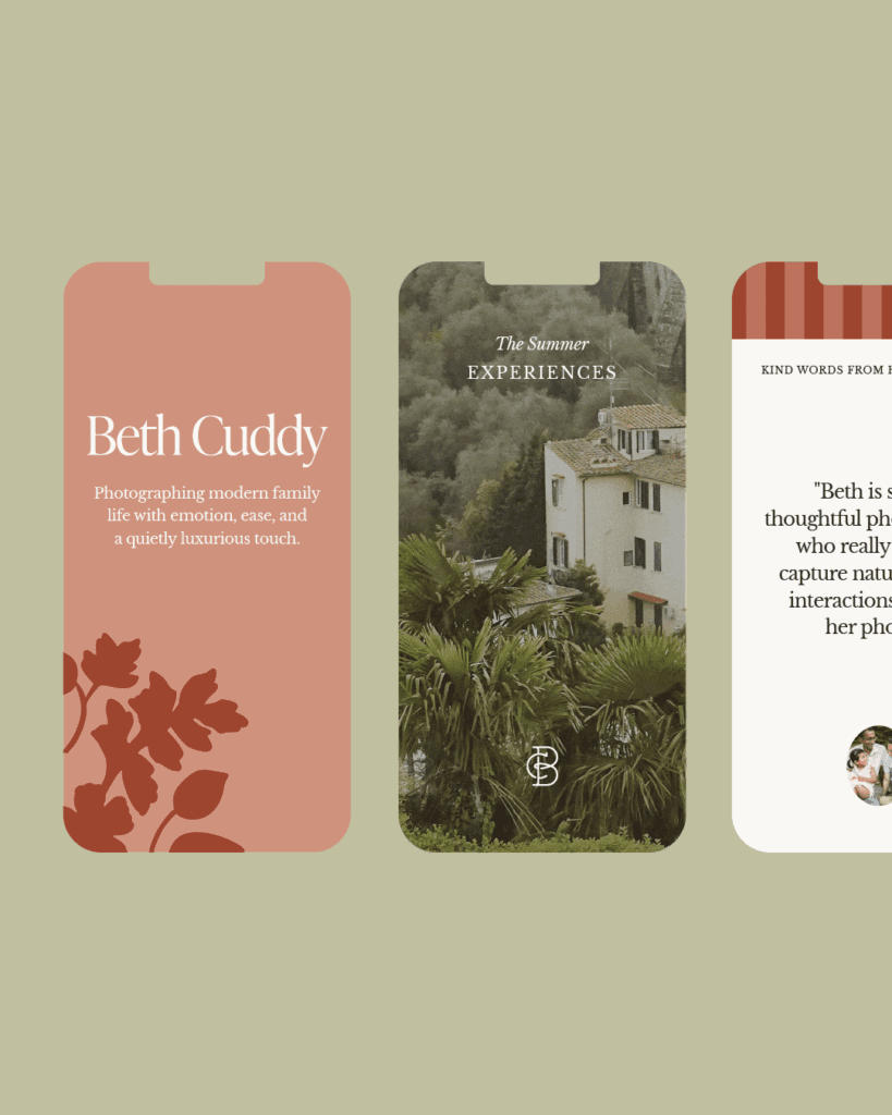 Three branded Instagram story templates showcasing Beth Cuddy’s messaging, visual identity, and brand photography aesthetic.